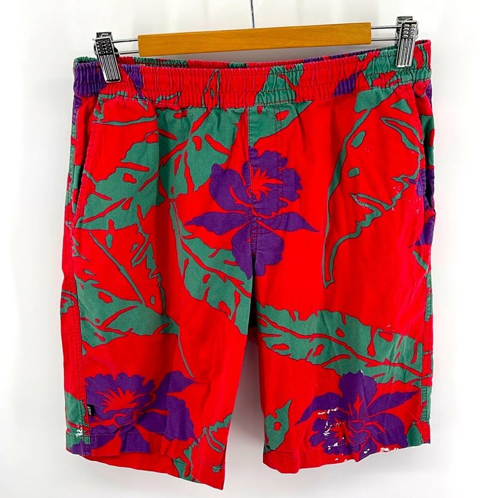 HUF Hawaiian floral print elastic tie drawstring waist pull on shorts sz L